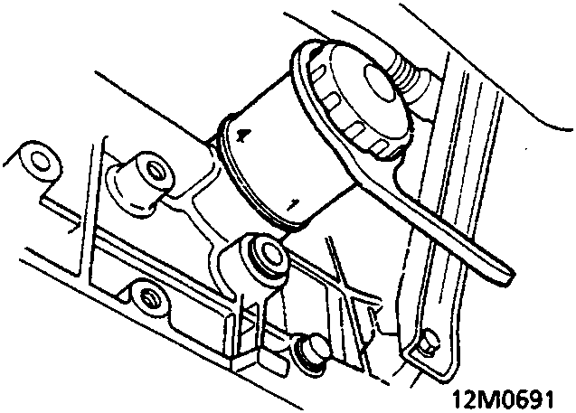 Diagram showing oil filter being tightened with a tool