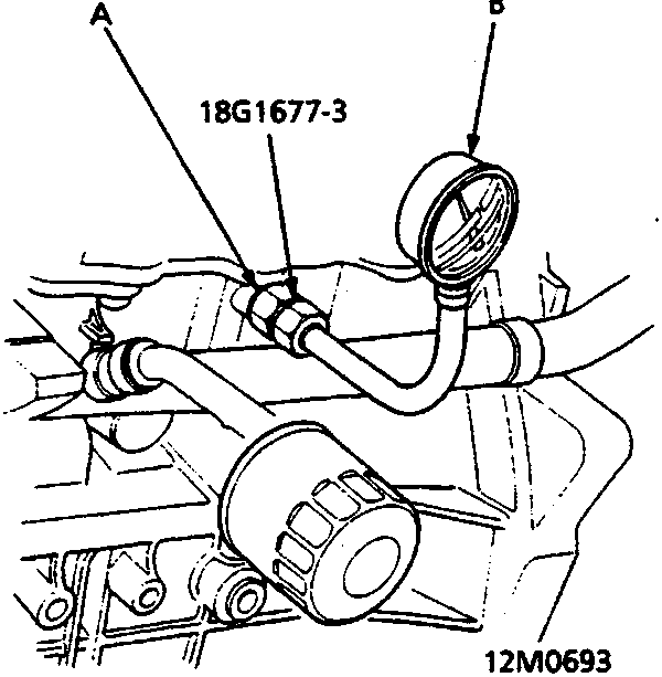 Diagram showing the installation of an oil pressure gauge (18G1677-3) at the engine oil pressure switch mounting hole (A) and the gauge (B).