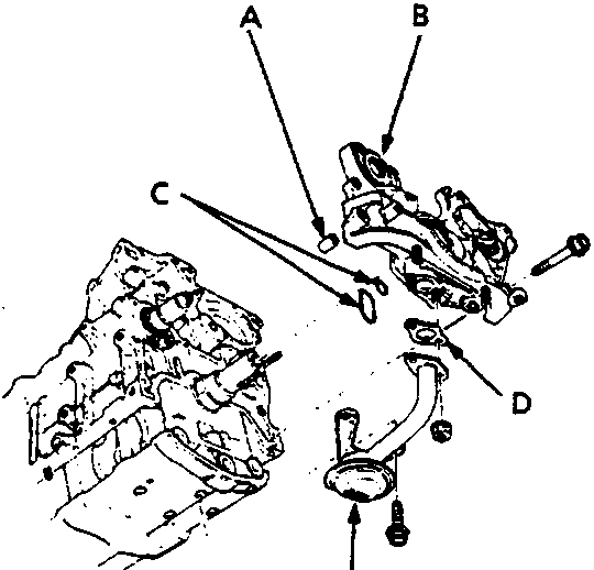 Exploded view of oil pump assembly showing dowel pin, oil pump, O-rings, gasket, and oil screen
