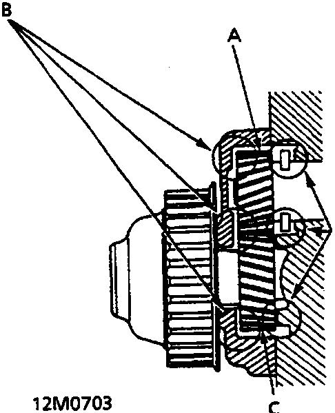 Cross-sectional diagram of the balancer gear case showing the interaction between the balancer driven gear, molybdenum disulphide application point, and balancer drive gear.