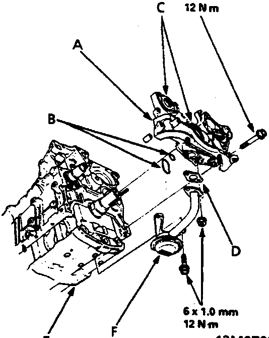 Exploded view of the oil pump assembly showing components A through F, including bolts specified as 6 x 1.0 mm and 12 Nm torque.