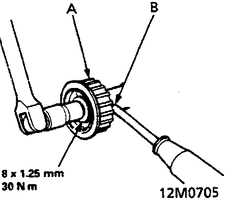 Diagram of the front balancer timing pulley and maintenance hole with a wrench and screwdriver tool applied.