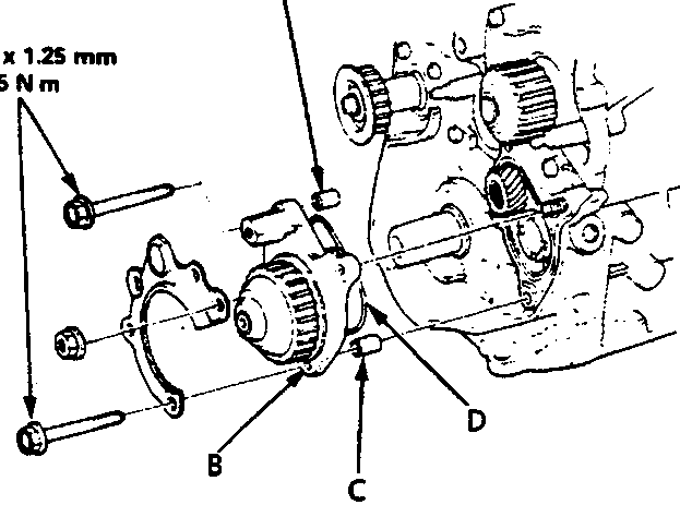 Exploded view of balancer gear case installation showing bolts, dowel pins, O-ring, and alignment pointers labeled A through D. Torque specification 8 x 1.25 mm, 25 N m is indicated for the bolts.