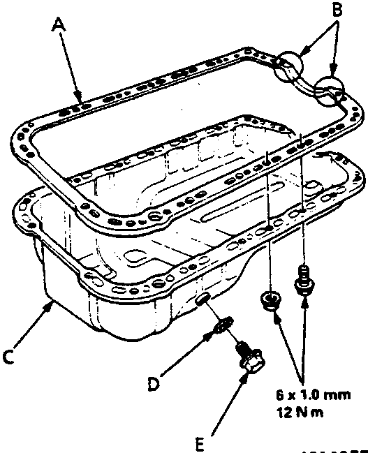 Exploded view of the oil sump assembly showing the gasket (A), liquid gasket (B), oil sump (C), washers (D), and drain plug (E). Torque specifications 6 x 1.0 mm 12 N m and 45 N m are indicated.