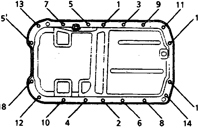 Diagram of an engine oil pan with numbered callouts from 1 to 18 indicating bolt and nut locations around the perimeter. The figure number 12M0572 is printed below the diagram.