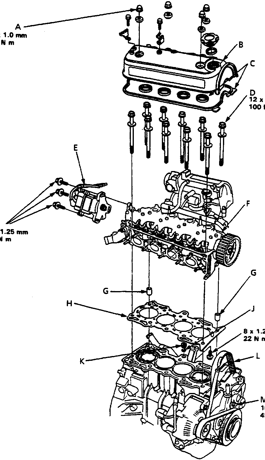 Exploded view diagram of the cylinder head and valve train assembly showing components A through M with associated bolt sizes and torque values.