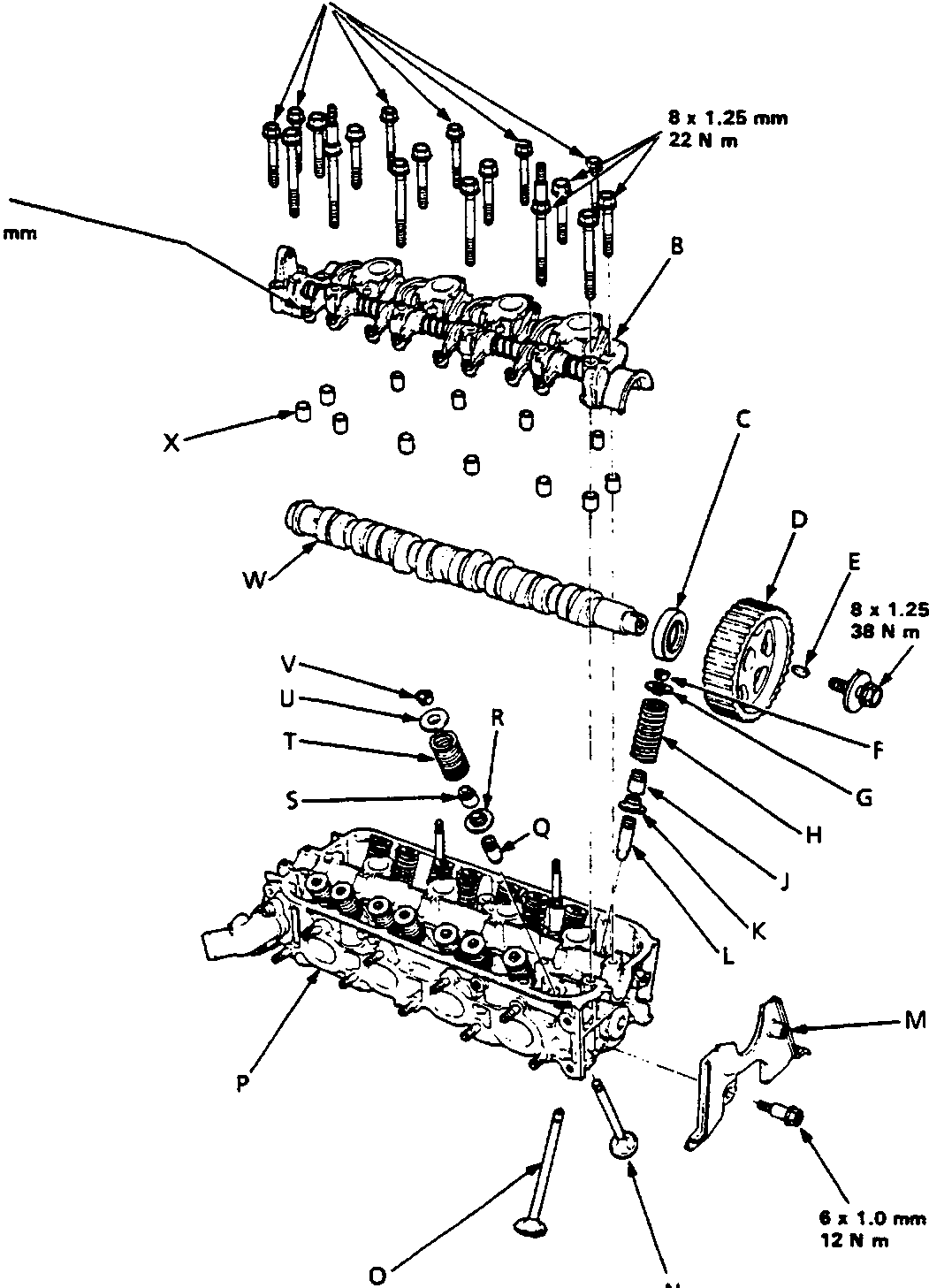 Exploded view of cylinder head and valve train components showing camshaft, timing chain sprocket, valves, rocker arm assembly, and associated bolts with thread sizes and torque values. Labels A through X identify individual parts. Document code 12M0615 at bottom right.
