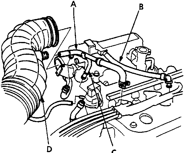 Diagram showing breather hose, PCV hose, coolant bypass hose and intake air duct connections on the engine