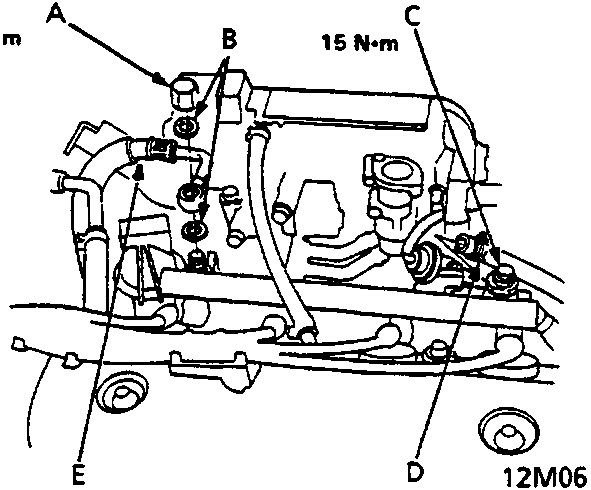 Diagram showing banjo nut, washers, service bolt, fuel return hose and fuel feed hose with torque values 22 N·m and 15 N·m