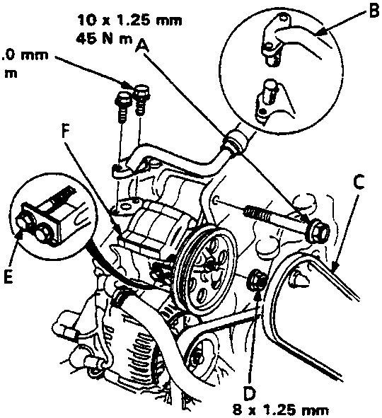 Diagram of power steering pump showing mounting bolt, P/S pipe, P/S pump belt, mounting nut, adjusting bolt, and P/S pump with dimensions 10 x 1.25 mm 45 N m, 6 x 1.0 mm 11 N m, and 8 x 1.25 mm 22 N m