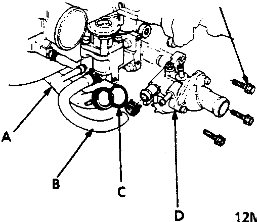 Diagram of thermostat assembly showing connecting pipe, bypass hose, O-ring, and thermostat assembly with dimensions 6 x 1.0 mm and 12 N m