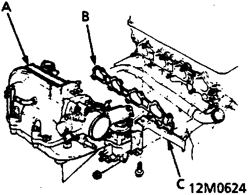 Diagram showing intake manifold, gasket, and bracket labeled A, B, C