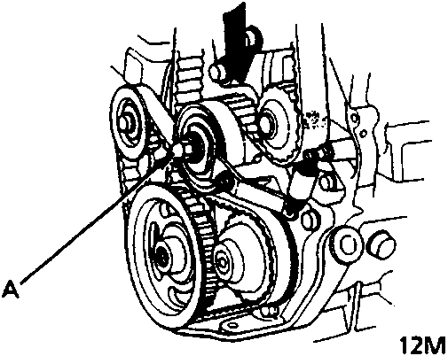 Diagram showing timing belt assembly with adjusting nut labeled A