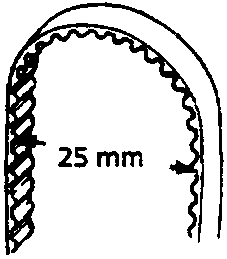 Detail of timing belt showing a 25 mm diameter measurement