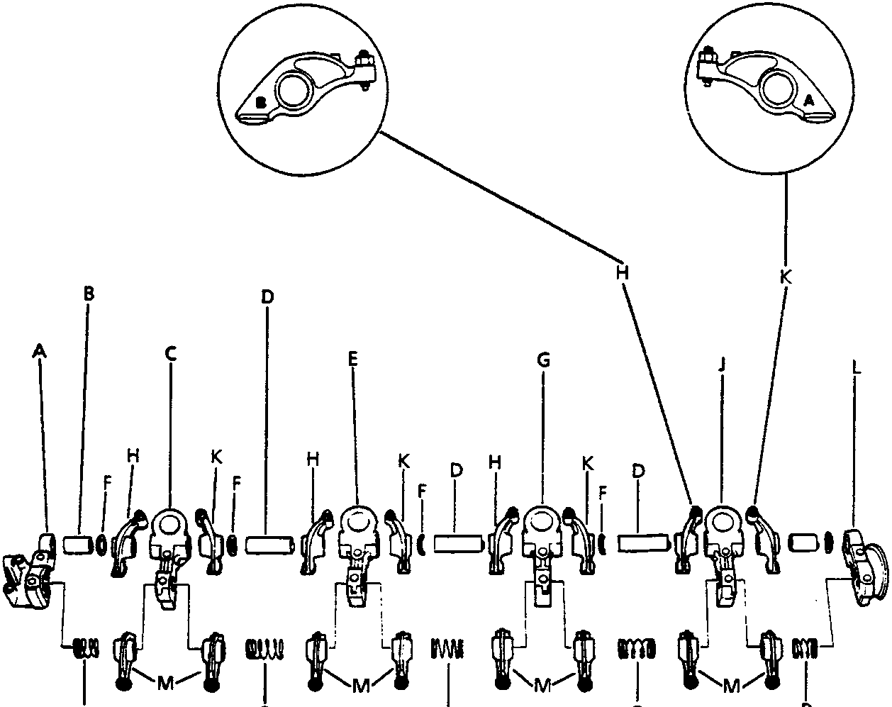 Exploded diagram of the cylinder head valve train components, including camshaft holders, rocker shafts, rocker arms, wave washers, springs, and exhaust rocker arms, labeled A through P.