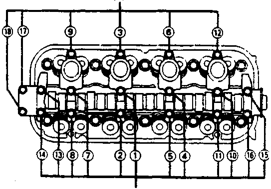 Diagram showing cylinder head with numbered tightening sequence for bolts A (6mm) and B (8mm), reference 12M0635