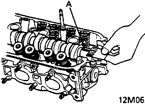 Diagram showing hand inserting a Plastigage strip across a camshaft journal, reference 12M0637