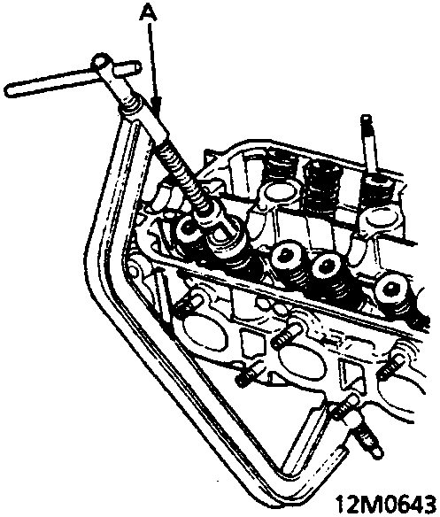 Diagram showing a valve spring compressor tool installed on an engine cylinder head