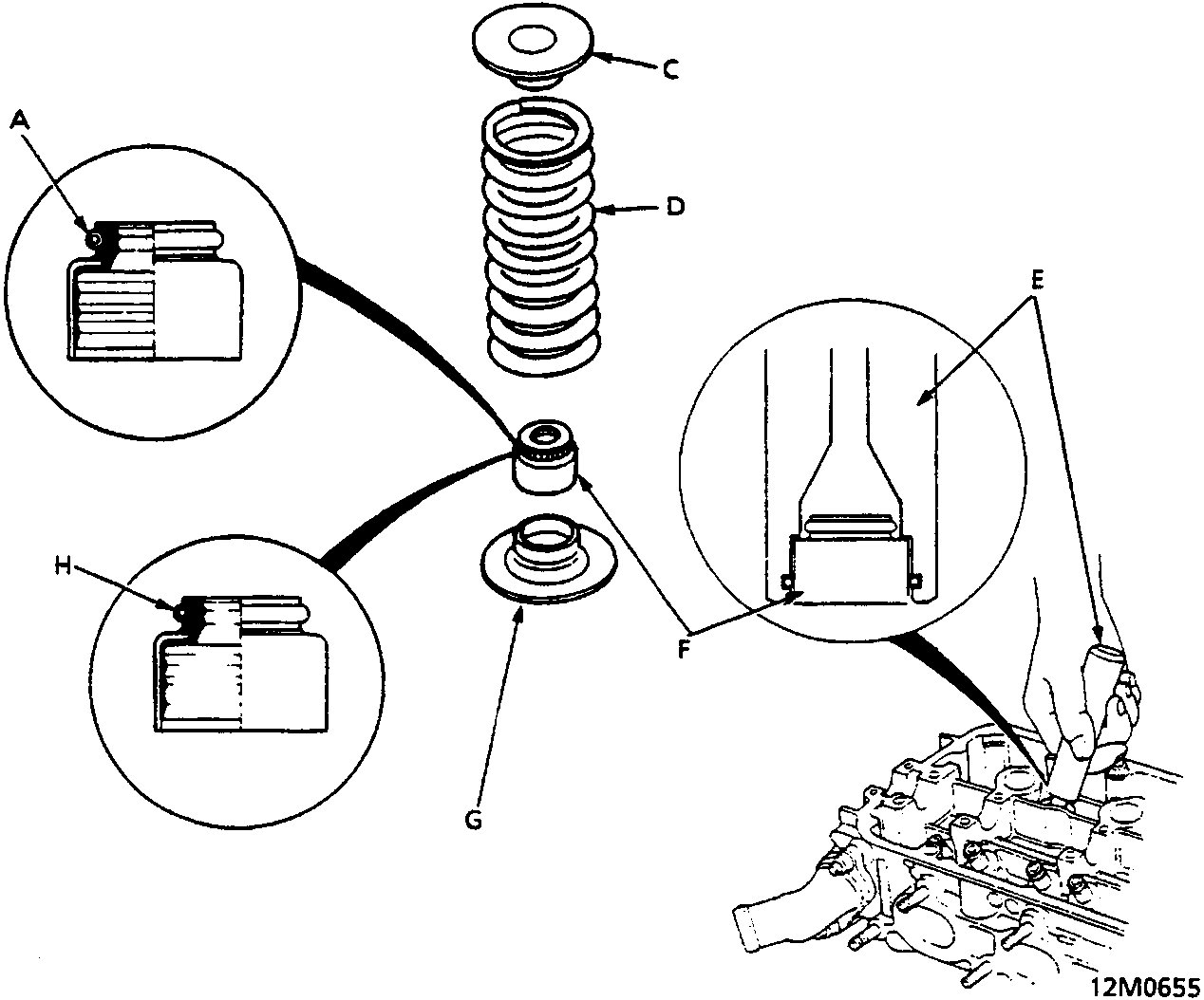 Exploded view of valve assembly components including valve seal, keepers, retainer, spring, installer, seat, and exhaust valve seal being installed into cylinder head.