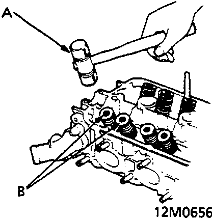 Diagram showing a plastic mallet tapping valve stems on a cylinder head assembly