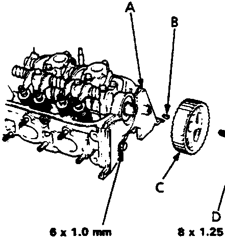 Diagram showing installation of back cover, key, camshaft pulley and pulley bolt with dimensions and torque values