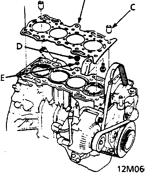 Diagram of cylinder head assembly showing dowel pins, gasket, oil control orifice, and O-ring labeled A through E