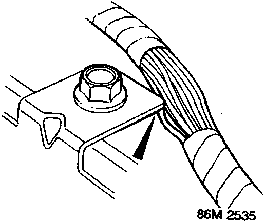 Diagram showing a wiring harness pinched by a metal bracket and bolt