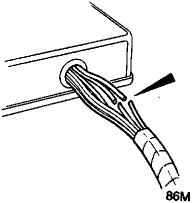 Diagram showing a wiring harness with wires cut through at a connection point