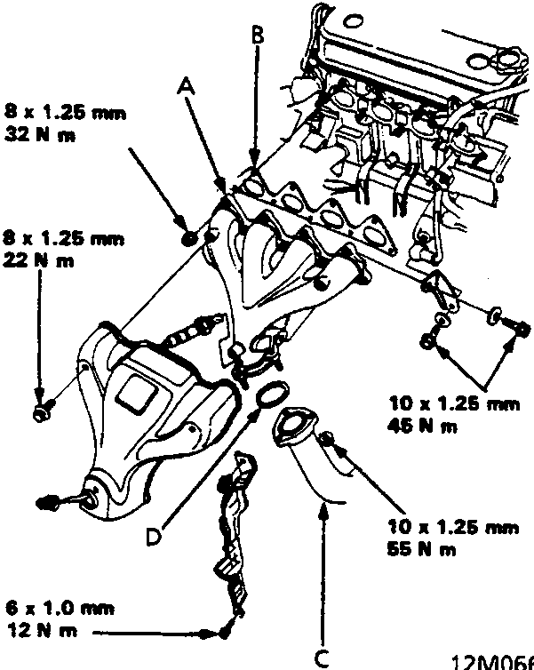 Diagram of exhaust manifold installation showing callouts A, B, C, D with various torque specifications including 8 x 1.25 mm 32 N m, 8 x 1.25 mm 22 N m, 10 x 1.25 mm 45 N m, 10 x 1.25 mm 55 N m, and 6 x 1.0 mm 12 N m