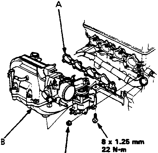 Diagram of intake manifold installation showing callouts A and B with torque specifications 8 x 1.25 mm 22 N m