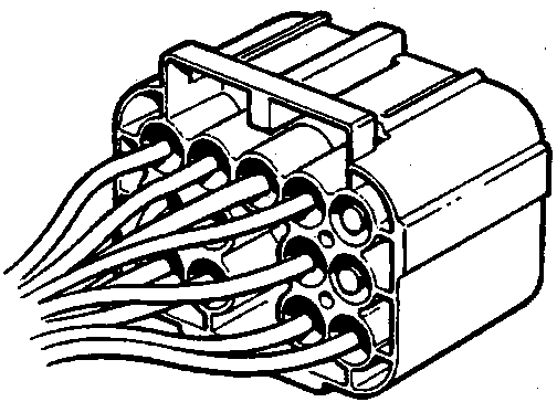 A multi-pin sealed connector block with individual wires emerging from each cavity, figure number 86M 2551