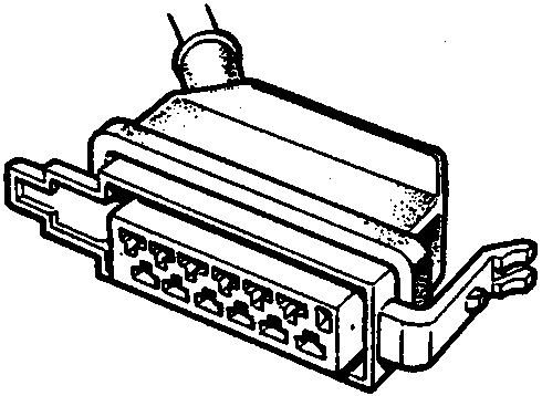 A rectangular connector with a cover and side locking clips, figure number 86M 2549