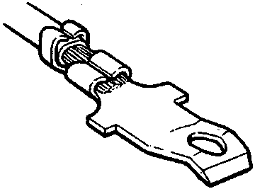 A bent metal terminal with a wire attached