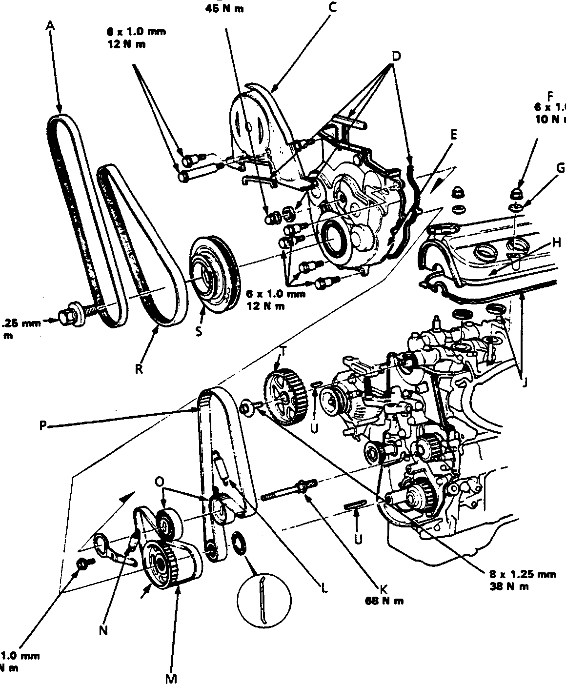 Exploded view diagram of the timing belt and balancer belt assembly showing components labeled A through S with associated screw sizes and torque values.