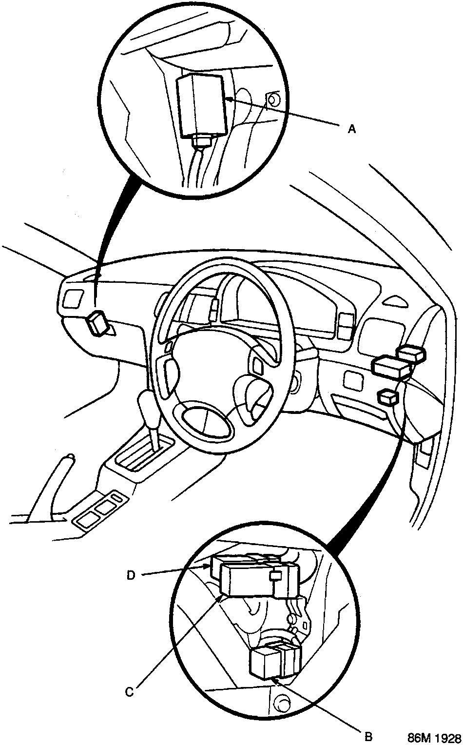 Diagram of the right-hand drive dashboard showing the locations of the engine mount control unit, dim-dip relay, dim-dip control unit, and headlight washer control unit.