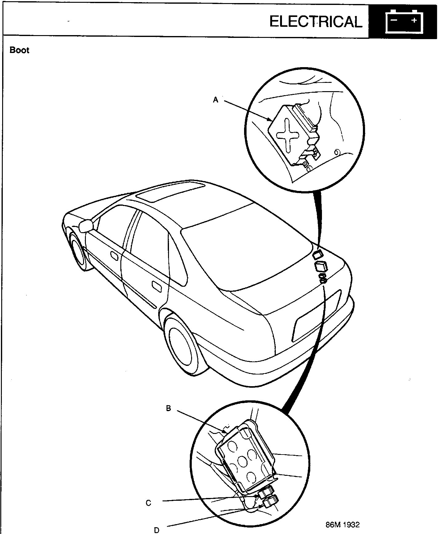 Diagram of a car showing the boot area with two circular callouts detailing component locations A, B, C, and D