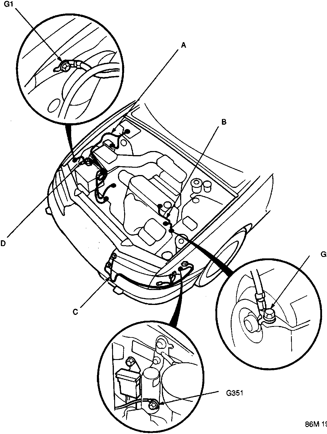 Diagram of the engine compartment showing wire harness and earth locations with callouts A, B, C, D and detailed insets G1, G2, G351.