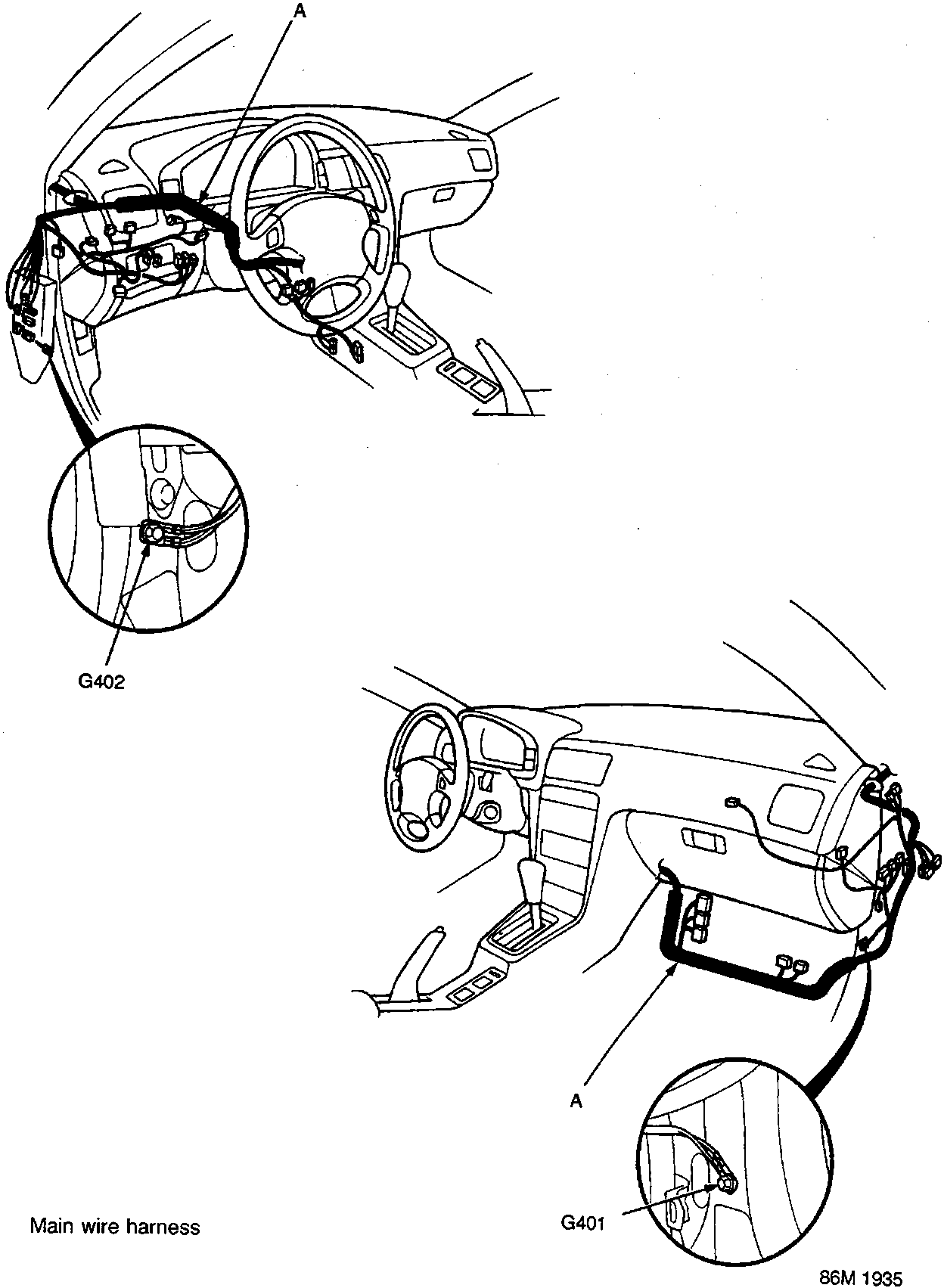 Diagram showing the main wire harness and earth locations G402 and G401 on the dashboard for LHD and RHD vehicle types