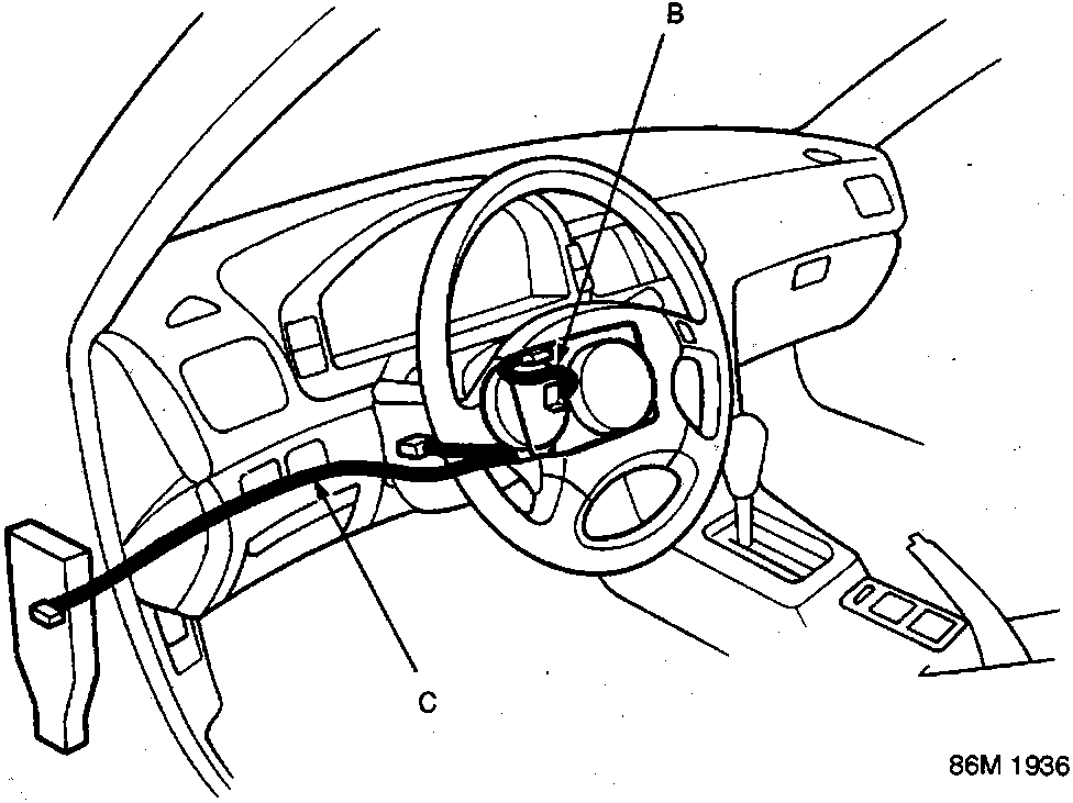 Diagram of the left-hand drive dashboard showing the SRS sub harness (B) and SRS main harness (C) routed through the steering column area and along the lower dashboard.