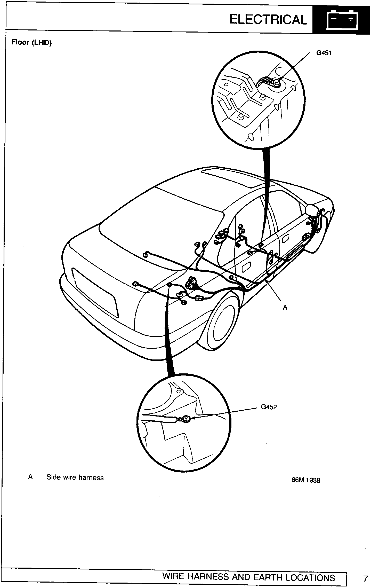 Diagram of the left-hand drive car floor showing the side wire harness layout with two circular callout insets detailing earth points G451 and G452.