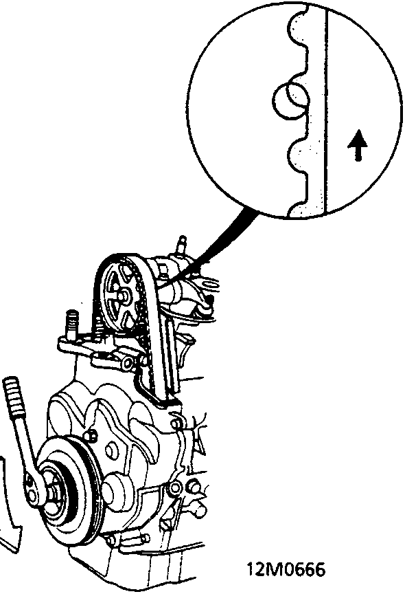 Diagram of timing belt and pulley system with an arrow indicating rotation direction, reference number 12M0666