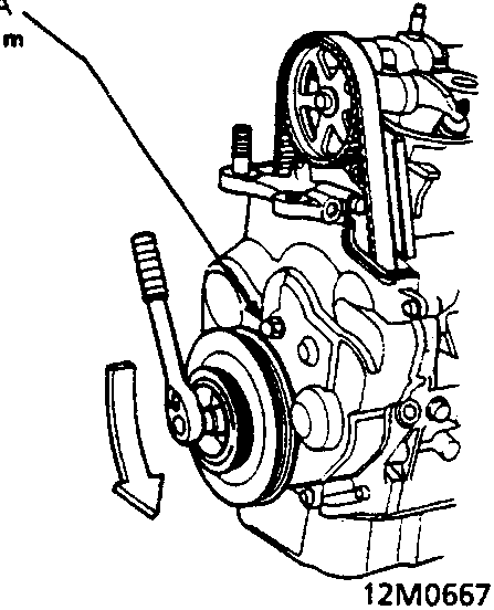 Diagram showing the timing belt tensioner adjusting nut being loosened with a wrench, torque value 45 Nm indicated, reference number 12M0667
