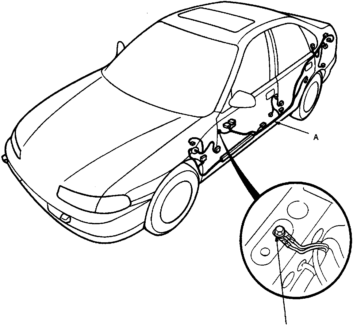 Diagram of the right-hand drive car floor showing the side wire harness location with a callout A and a circular inset detail of an earth connection.