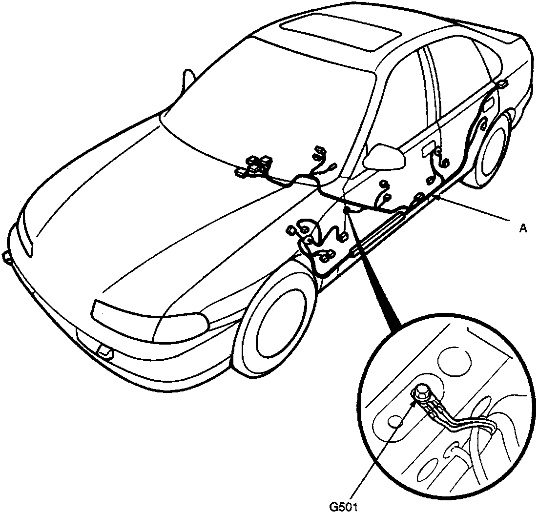 Diagram of the front section of a car showing the floor wire harness layout, with a circular inset detail of a ground connection point labeled G501. The figure is identified by the code 86M 1940.