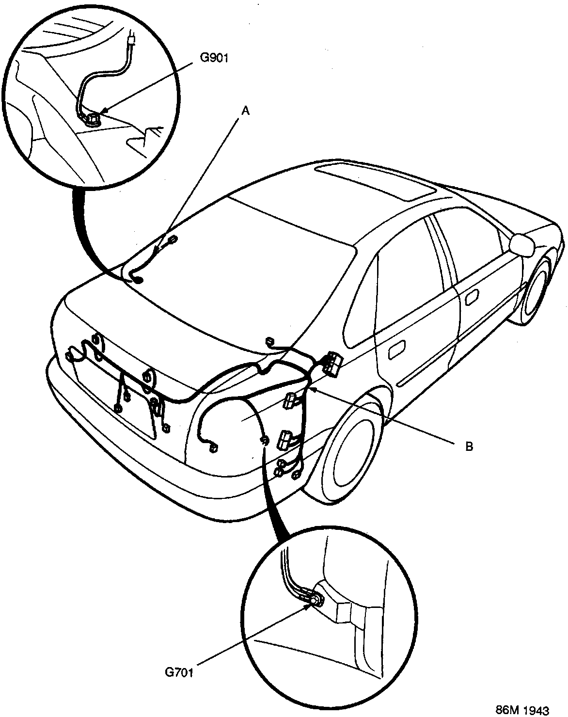 Diagram of the rear of a car showing wire harness and earth locations, with callouts A, B, G901, and G701. Includes two circular inset close-up views.