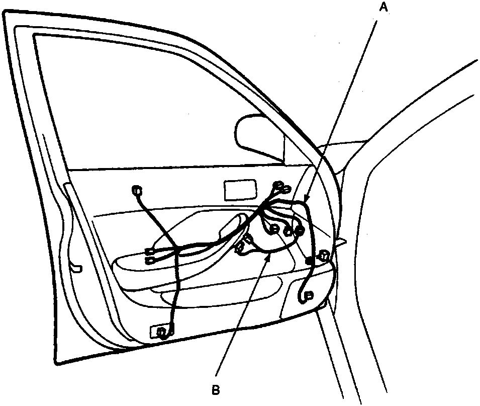 Diagram of the driver's side door interior showing wire harness routing with callouts A and B.