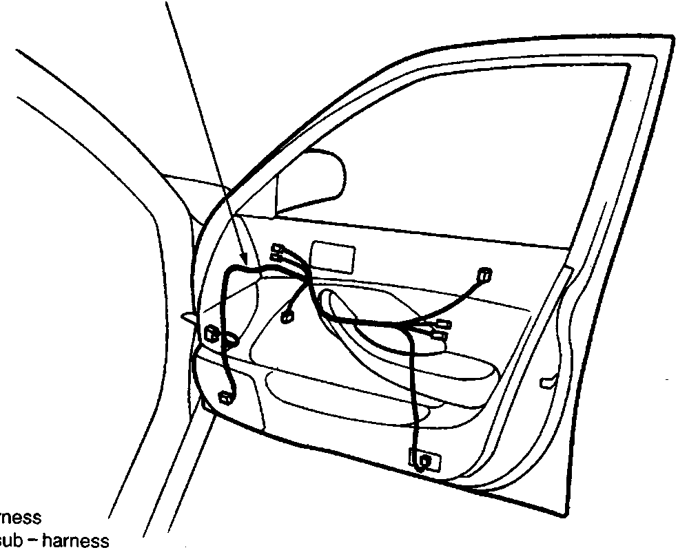 Diagram of the front passenger's side door interior showing wire harness routing with callout C.