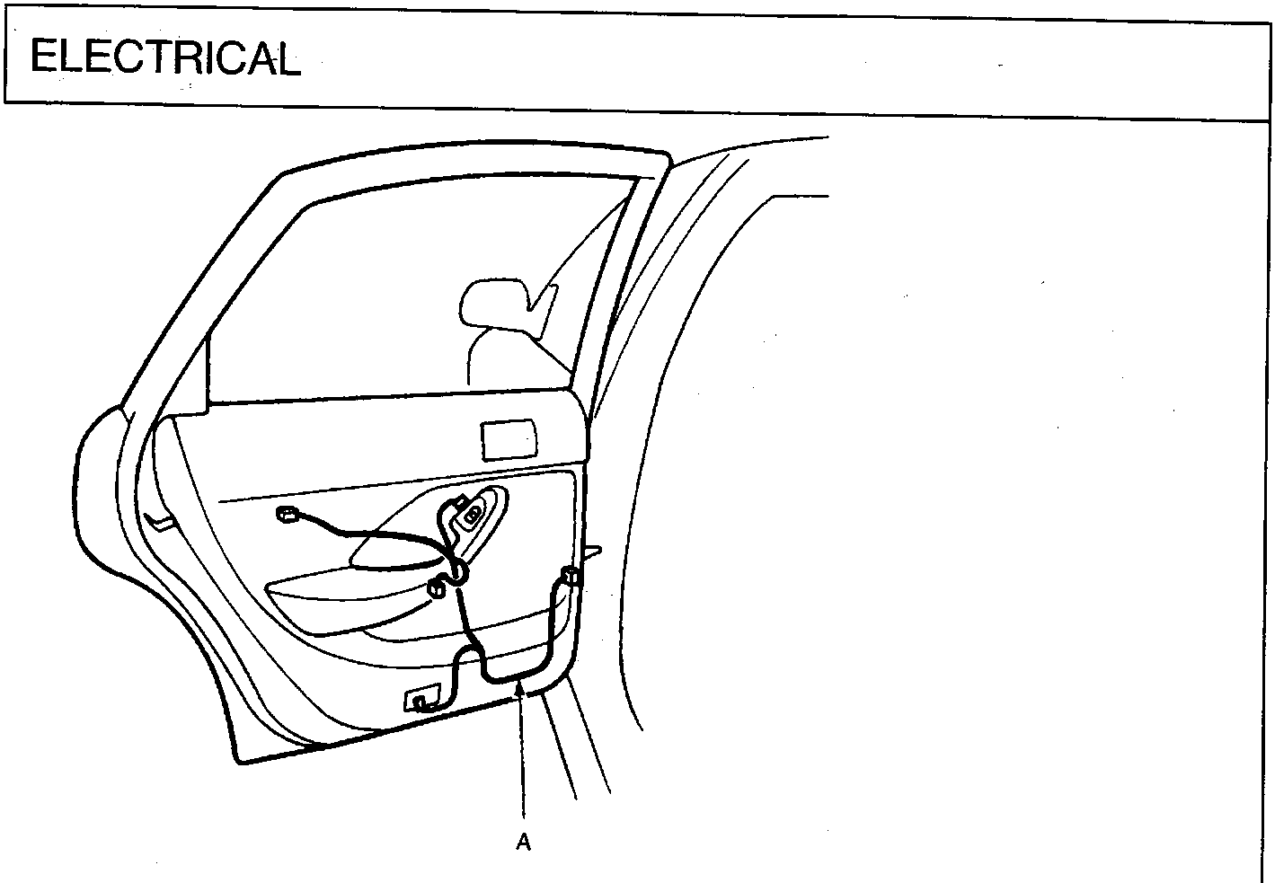 Line drawing of the left rear door interior panel showing the wire harness routing, with callout A pointing to the lower section of the harness.