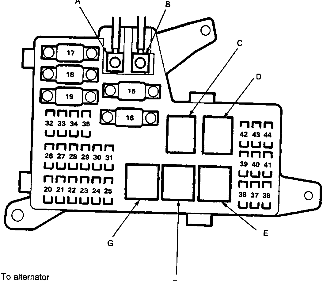 Diagram of the engine compartment fuse/relay box showing numbered fuse slots and lettered callouts A through G pointing to specific relays and connections.
