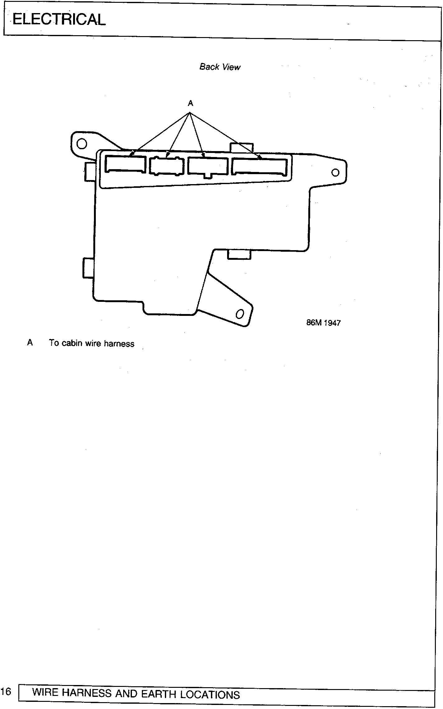 Back view of a fuse box assembly showing four connectors along the top edge, labeled A. The part number 86M 1947 is printed to the right of the diagram.